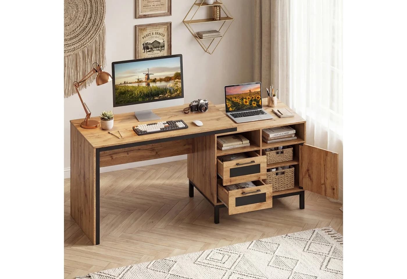 COSTWAY Computertisch mit Stauraum, 2 Schubladen & Schrank, Beige/Schwarz