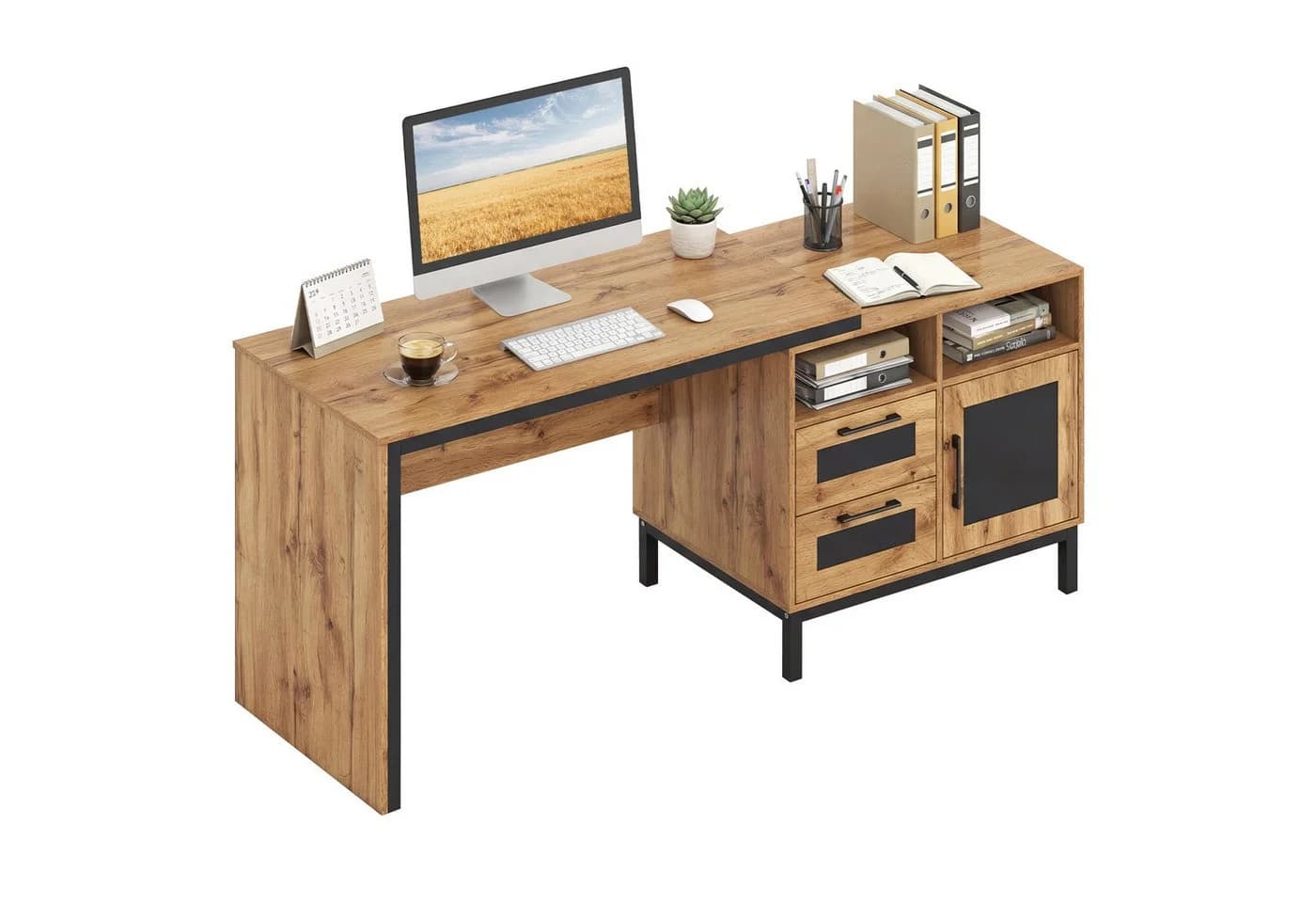 COSTWAY Computertisch mit Stauraum, 2 Schubladen & Schrank, Beige/Schwarz - Bild 2