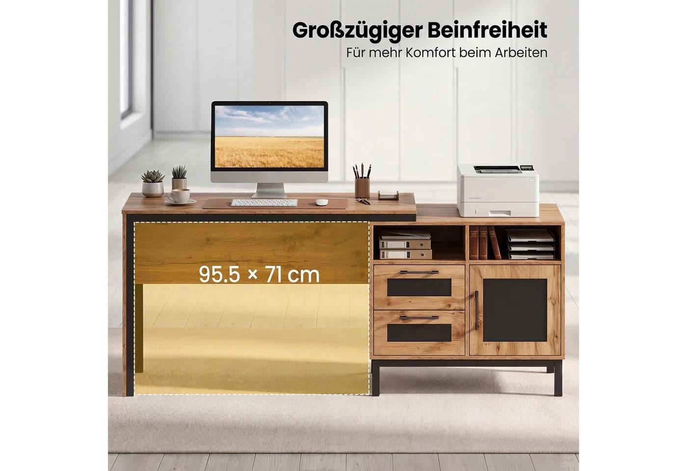 COSTWAY Computertisch mit Stauraum, 2 Schubladen & Schrank, Beige/Schwarz - Bild 3