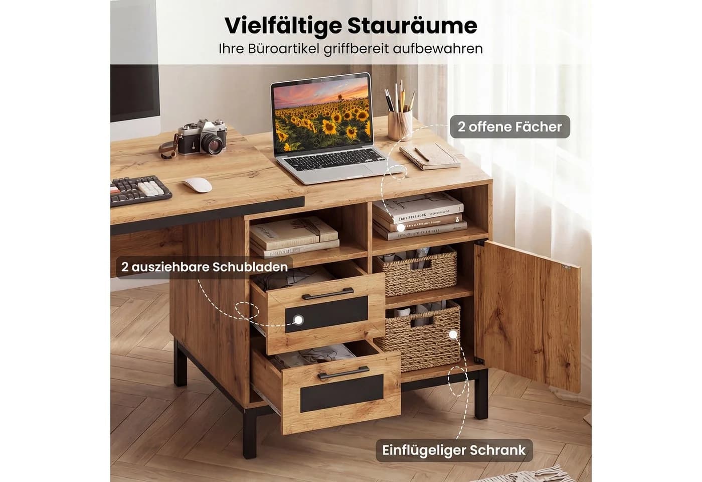 COSTWAY Computertisch mit Stauraum, 2 Schubladen & Schrank, Beige/Schwarz - Bild 4