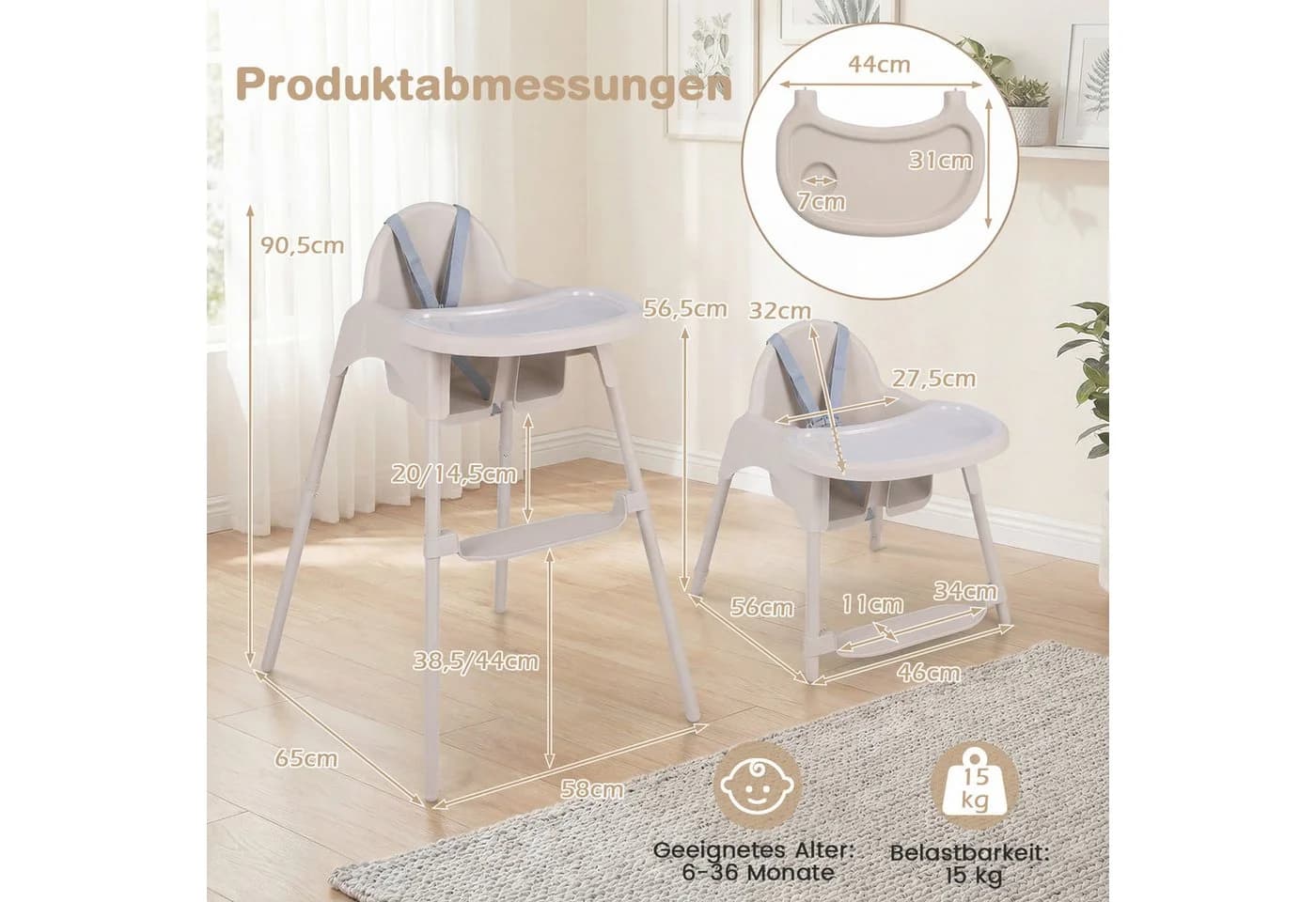 COSTWAY 4-in-1 Hochstuhl Blau/Khaki/Rosa mit verstellbarem Tablett - Bild 3