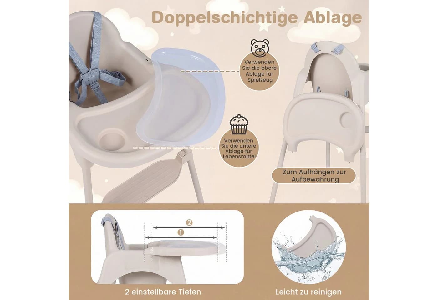 COSTWAY 4-in-1 Hochstuhl Blau/Khaki/Rosa mit verstellbarem Tablett - Bild 4
