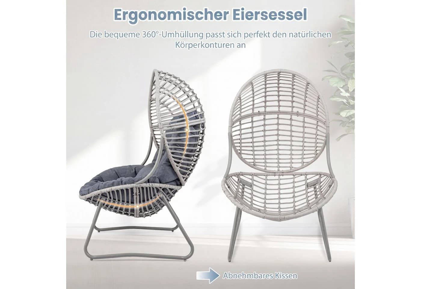 COSTWAY Hängesessel Grau mit Kissen und Metallgestell - Bild 3