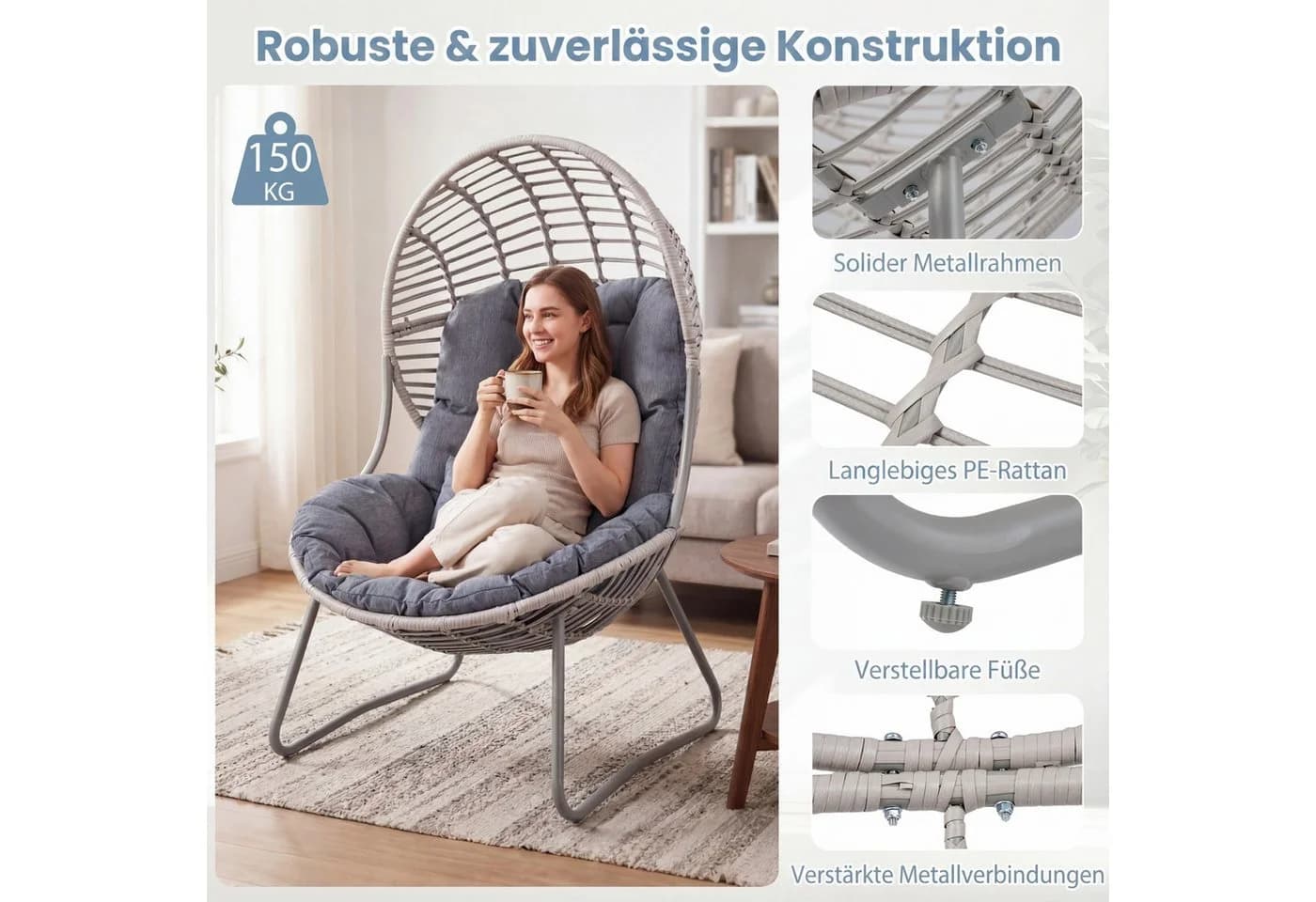COSTWAY Hängesessel Grau mit Kissen und Metallgestell - Bild 4
