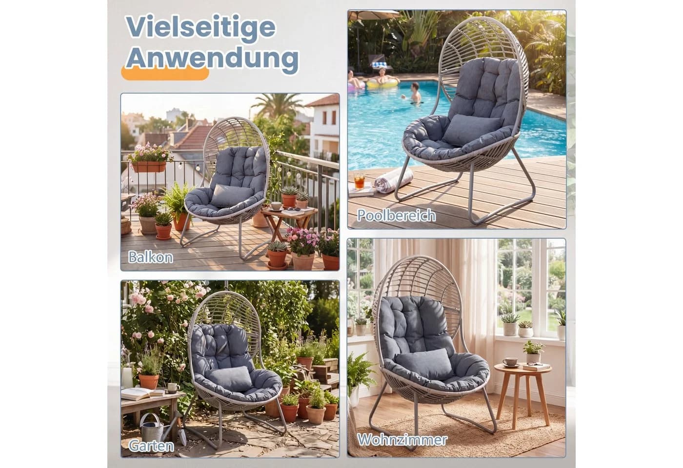 COSTWAY Hängesessel Grau mit Kissen und Metallgestell - Bild 5