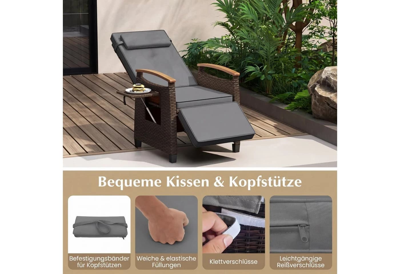 COSTWAY Gartenliege mit verstellbarer Rückenlehne und Kissen - Bild 5