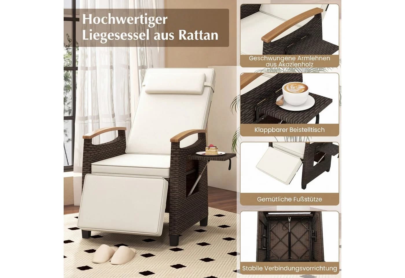 COSTWAY Gartenliege mit Liegefunktion, verstellbar, PE-Rattan & Akazienholz - Bild 3