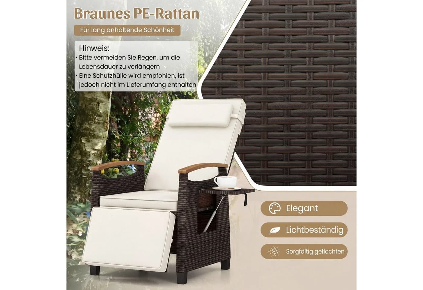 COSTWAY Gartenliege mit Liegefunktion, verstellbar, PE-Rattan & Akazienholz - Bild 5