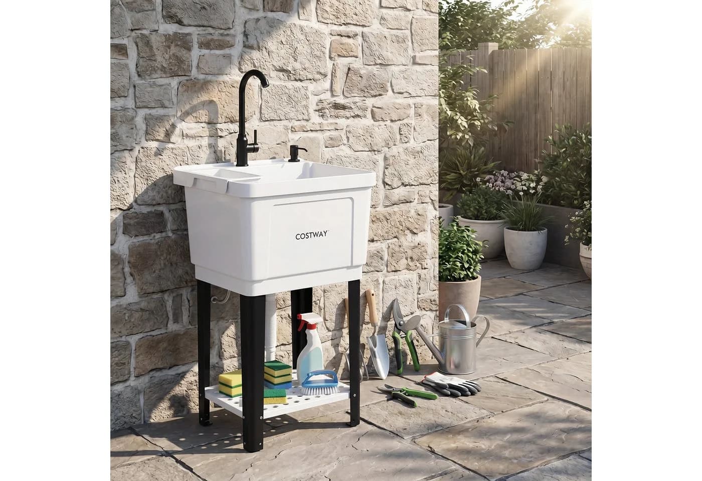 COSTWAY Waschbecken mit 360° Wasserhahn & Ablagefach Schwarz/Weiß