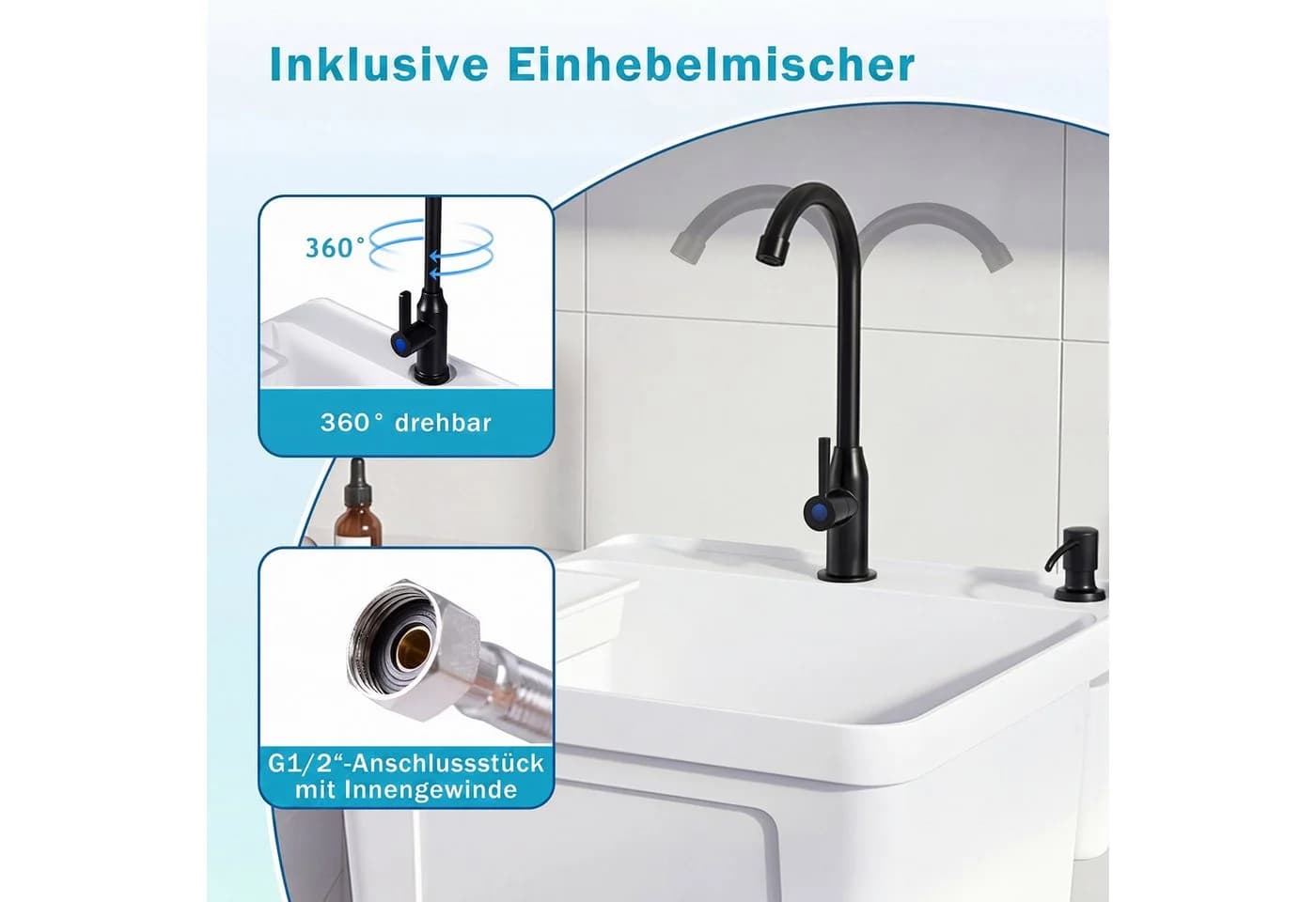 COSTWAY Waschbecken mit 360° Wasserhahn & Ablagefach Schwarz/Weiß - Bild 3