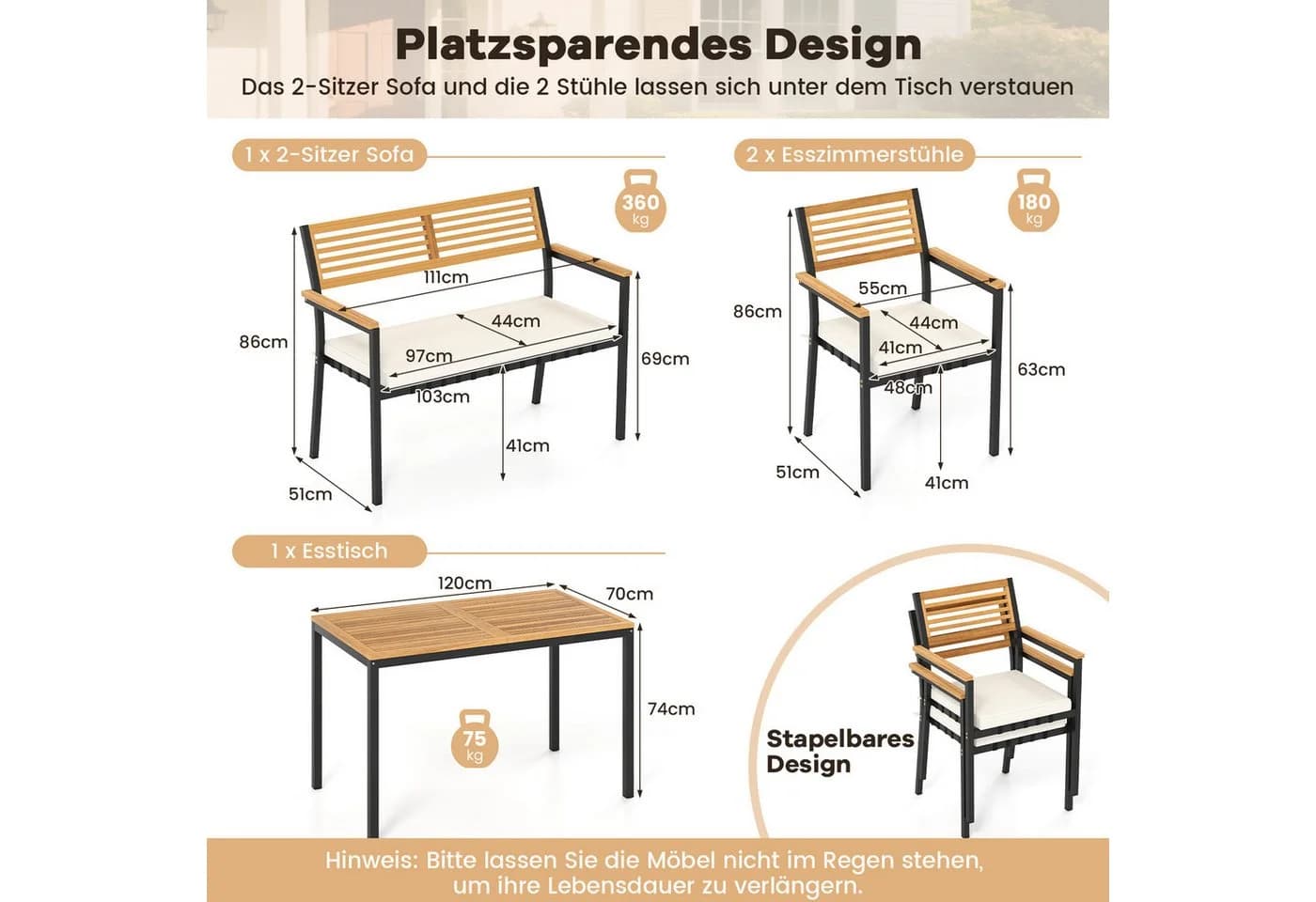 COSTWAY Garten-Essgruppe 4-tlg. mit Tisch, 2 Stühlen & Bank - Bild 5