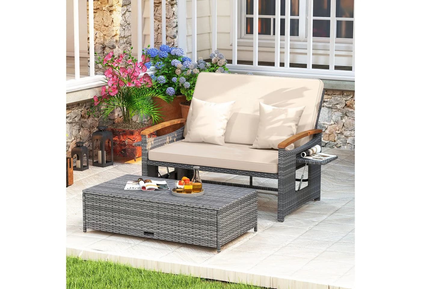 COSTWAY Loungebett 2-Personen Outdoor Rattan mit verstellbarer Rückenlehne