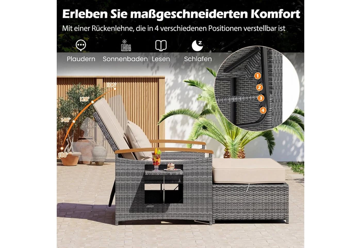 COSTWAY Loungebett 2-Personen Outdoor Rattan mit verstellbarer Rückenlehne - Bild 3