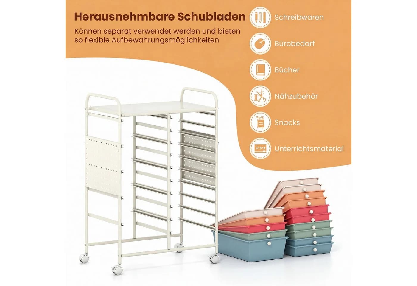 COSTWAY Rollcontainer 15 Schubladen Metall Arbeitsplatte Bunt/Grün - Bild 4