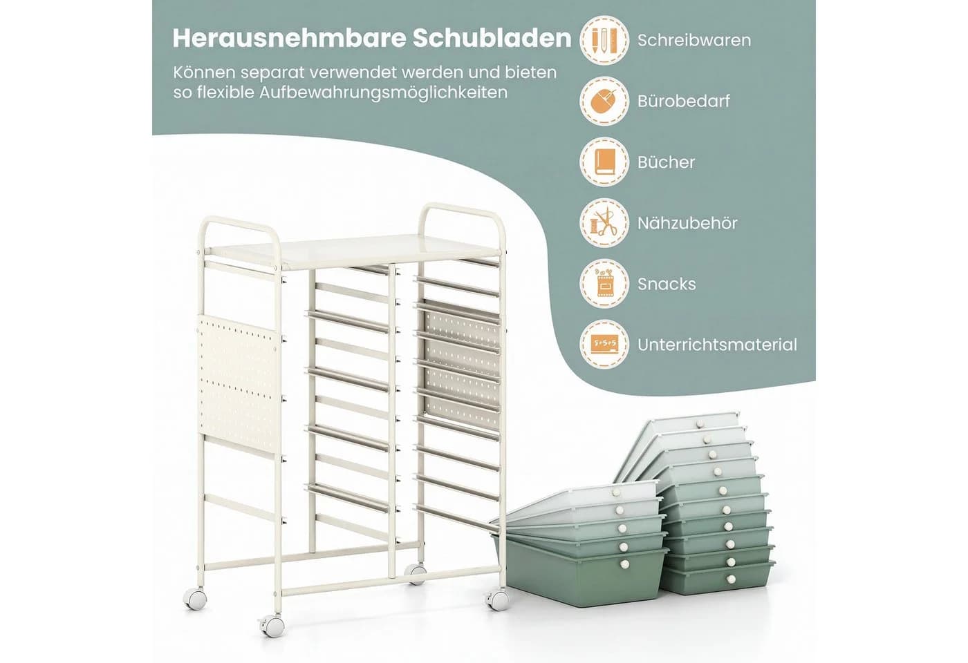 COSTWAY Rollwagen 15 Schubladen Grün Metall mit Rollen - Bild 3