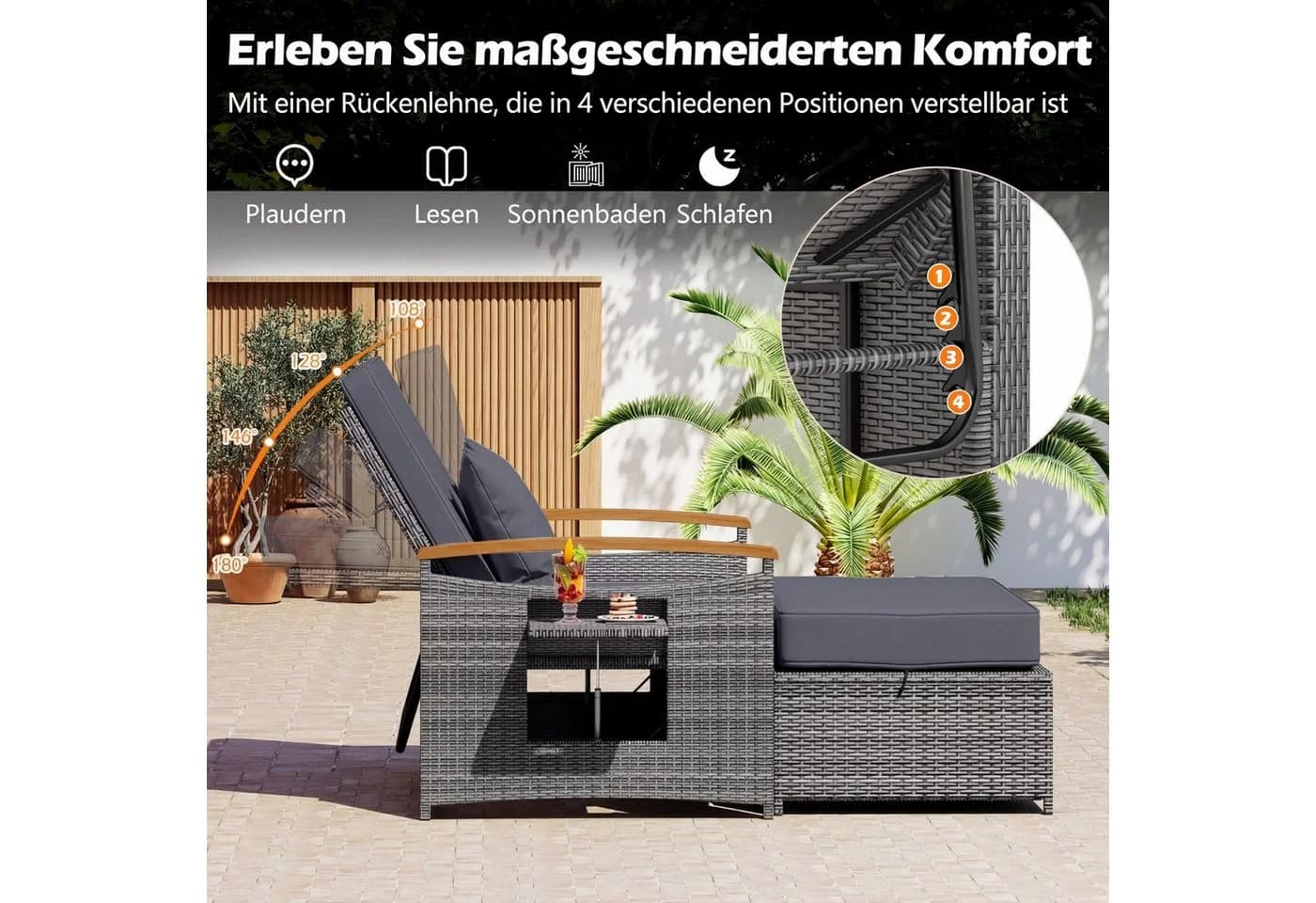 COSTWAY Loungebett 2-Personen Outdoor PE-Rattan mit verstellbarer Rückenlehne