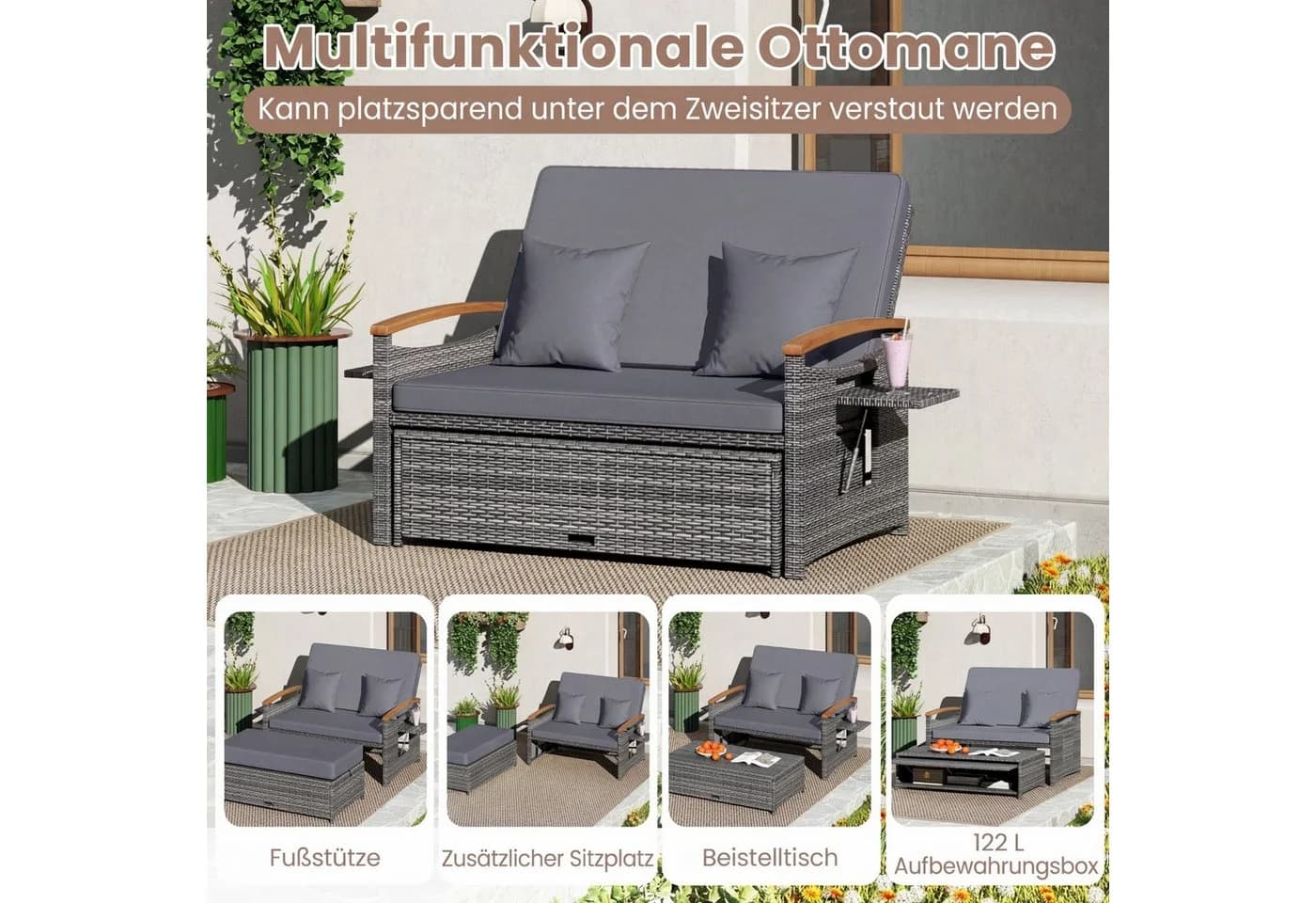 COSTWAY Loungebett 2-Personen Outdoor PE-Rattan mit verstellbarer Rückenlehne - Bild 4