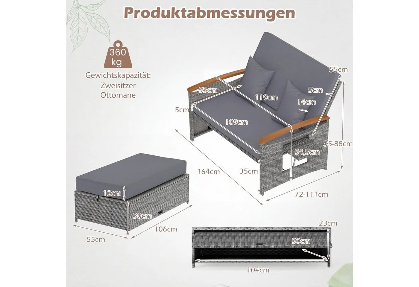 COSTWAY Loungebett 2-Personen Outdoor PE-Rattan mit verstellbarer Rückenlehne - Bild 5
