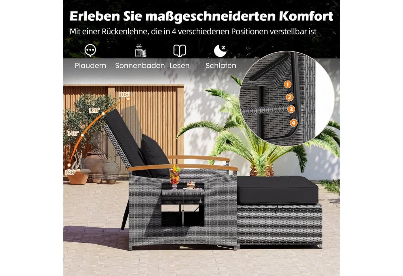 COSTWAY Loungebett Outdoor PE-Rattan 2-Personen mit verstellbarer Rückenlehne