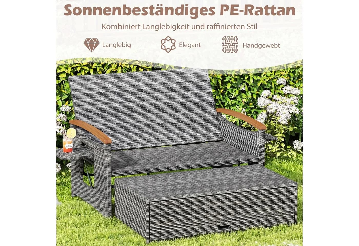 COSTWAY Loungebett Outdoor PE-Rattan 2-Personen mit verstellbarer Rückenlehne - Bild 3