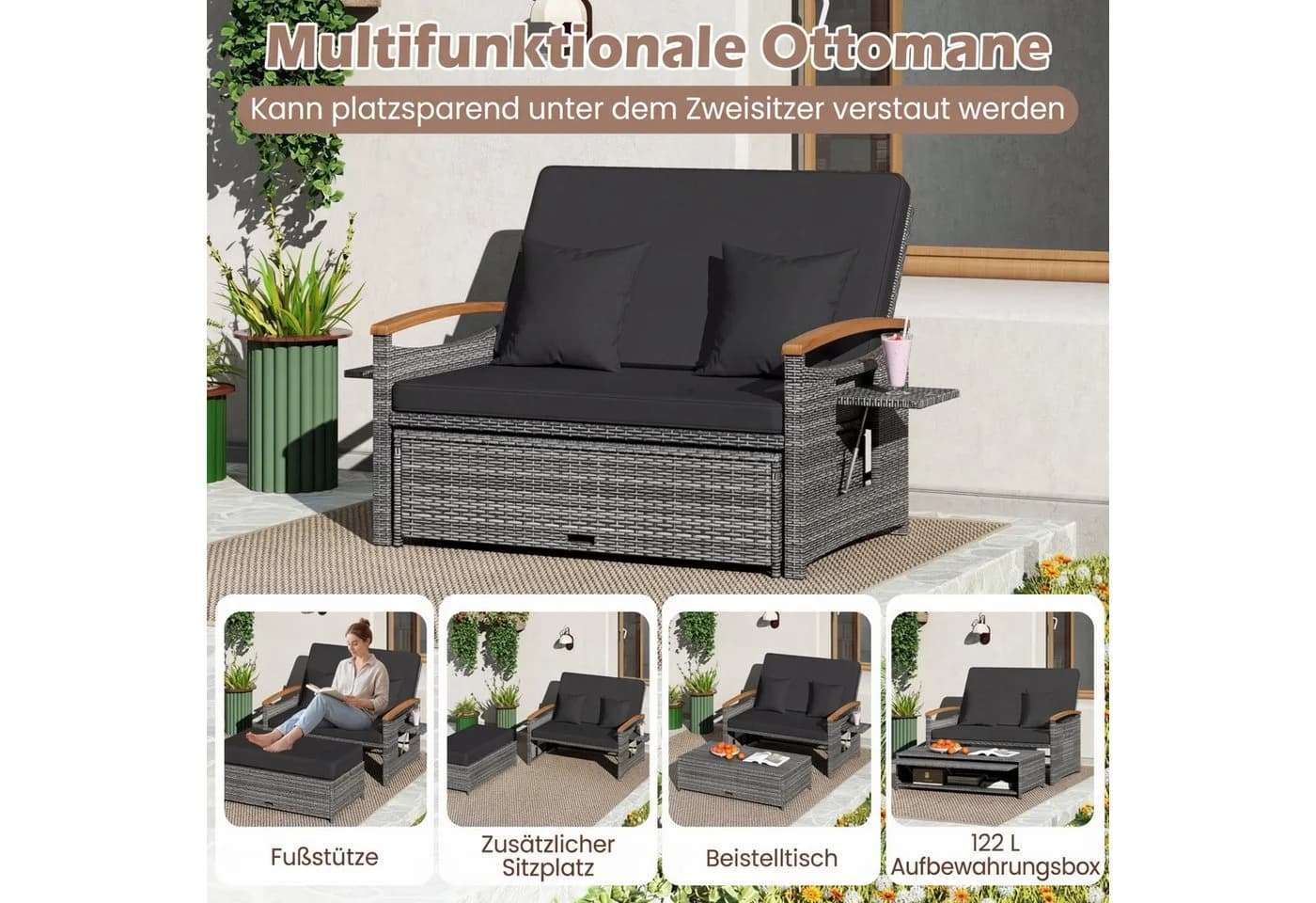 COSTWAY Loungebett Outdoor PE-Rattan 2-Personen mit verstellbarer Rückenlehne - Bild 4