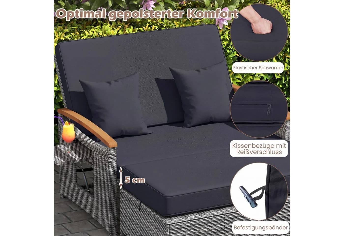 COSTWAY Loungebett Outdoor PE-Rattan 2-Personen mit verstellbarer Rückenlehne - Bild 5