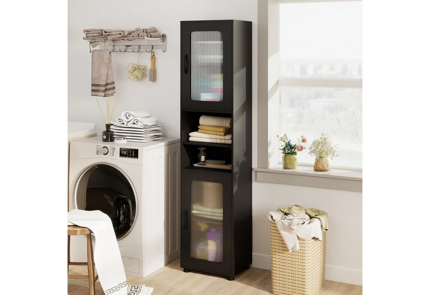 COSTWAY Badkommode Hochschrank mit 2 Glastüren 170cm Weiß
