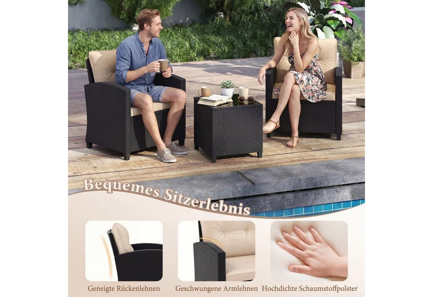 COSTWAY Balkonset 3-tlg. Schwarz PE-Rattan mit Kissen
