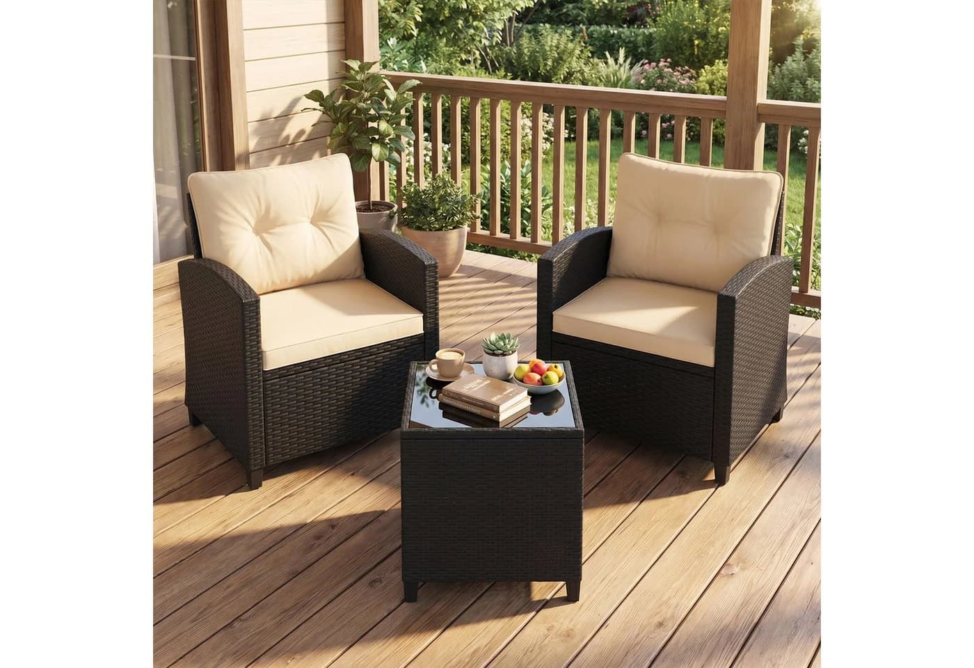 COSTWAY Balkonset 3-tlg. Schwarz PE-Rattan mit Kissen - Bild 2