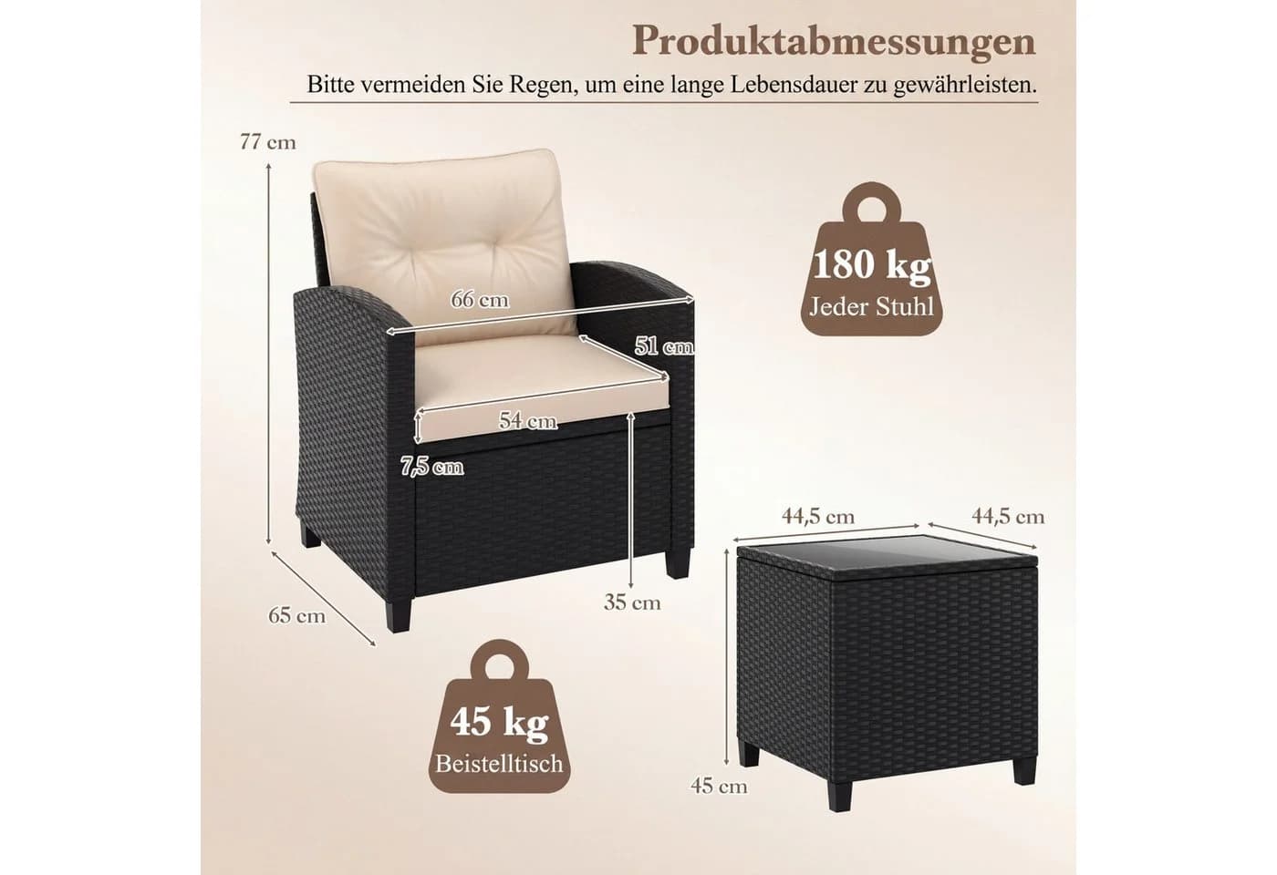 COSTWAY Balkonset 3-tlg. Schwarz PE-Rattan mit Kissen - Bild 5