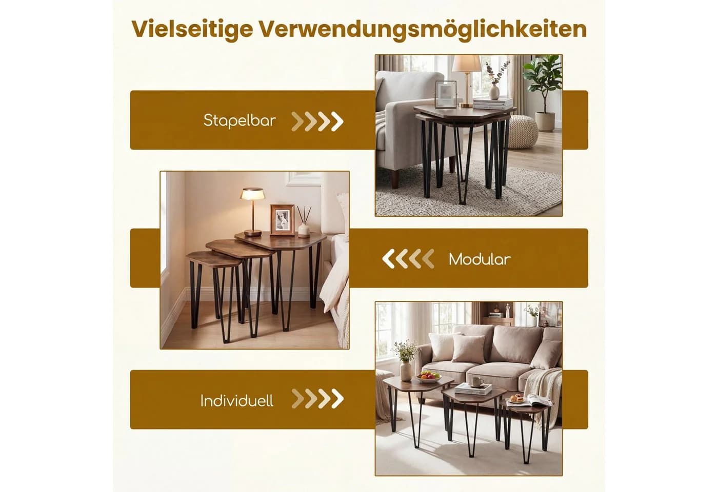 COSTWAY Beistelltisch 3er Set Braun Stahl Industrial