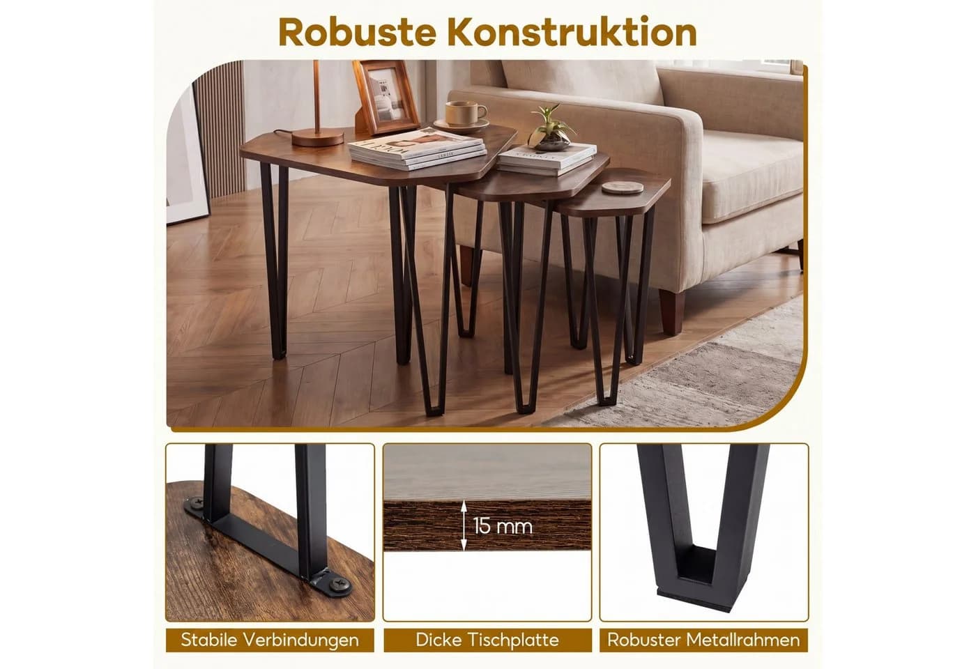 COSTWAY Beistelltisch 3er Set Braun Stahl Industrial - Bild 4