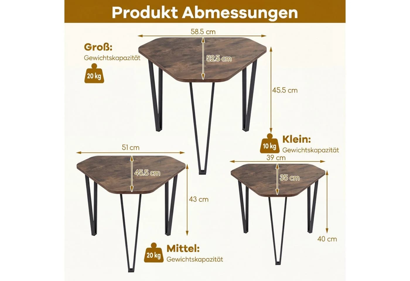 COSTWAY Beistelltisch 3er Set Braun Stahl Industrial - Bild 5