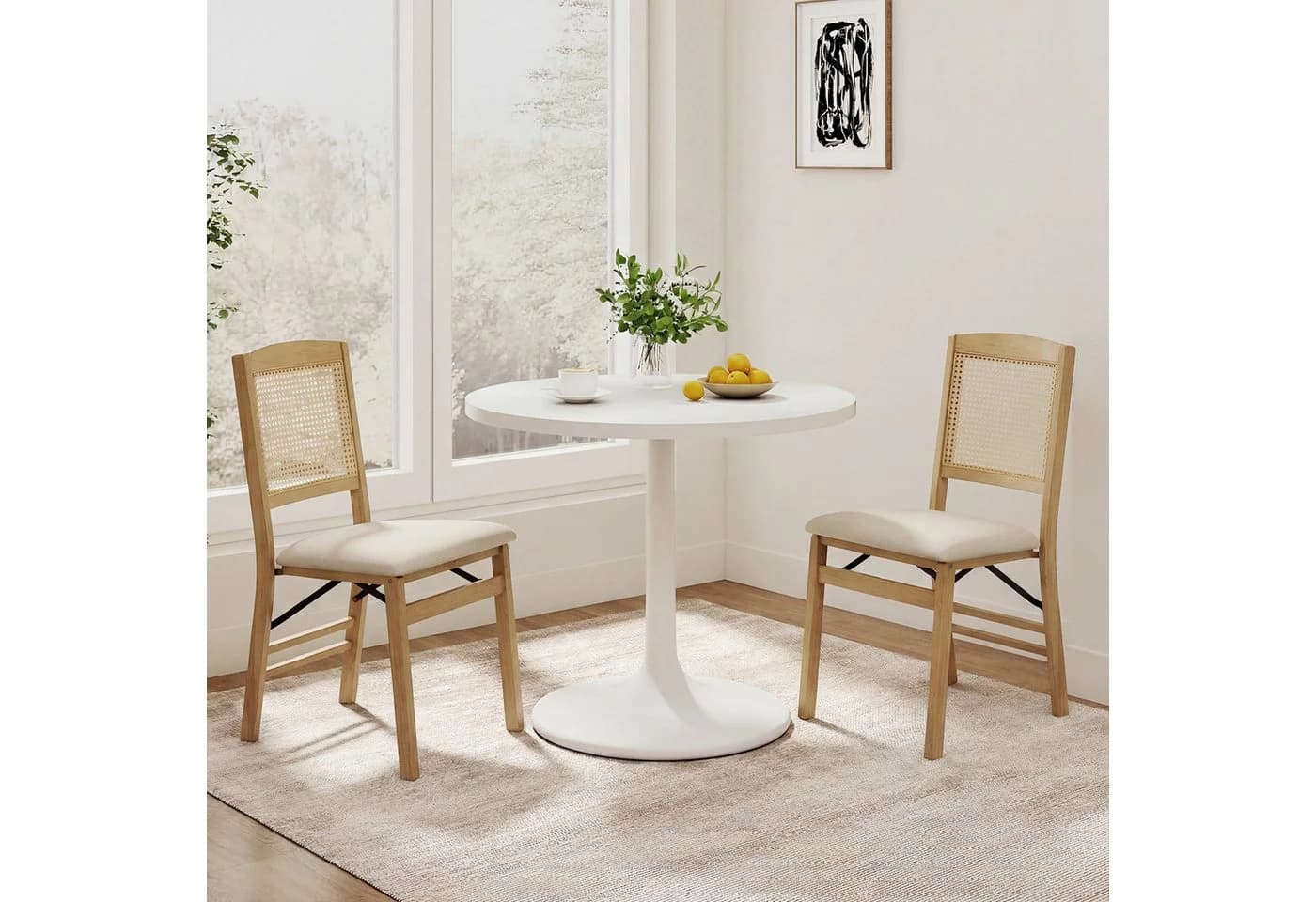COSTWAY Esszimmerstuhl 2er Set Klappbar Gummibaumholz Rattan Leinen Beige