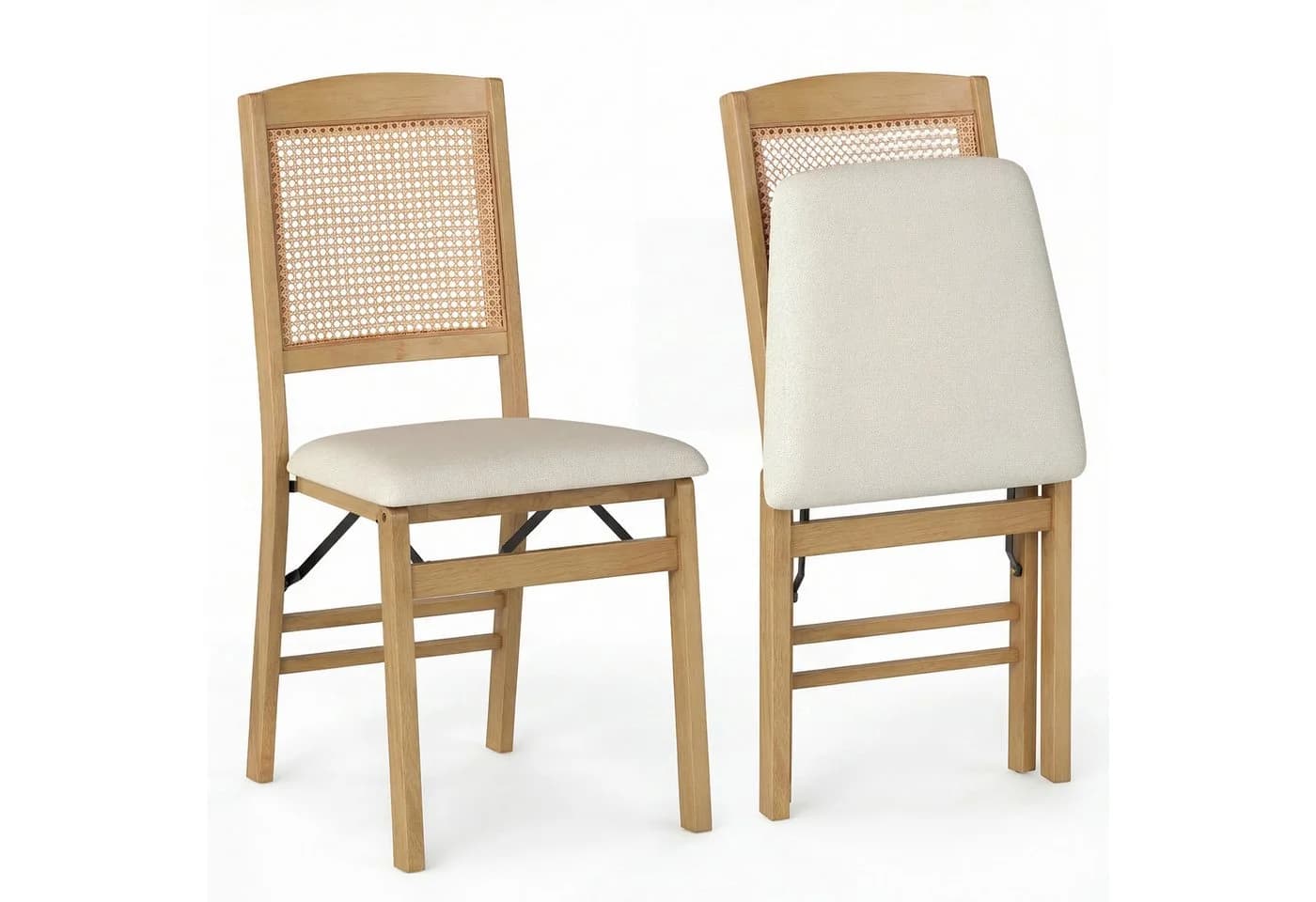 COSTWAY Esszimmerstuhl 2er Set Klappbar Gummibaumholz Rattan Leinen Beige - Bild 2