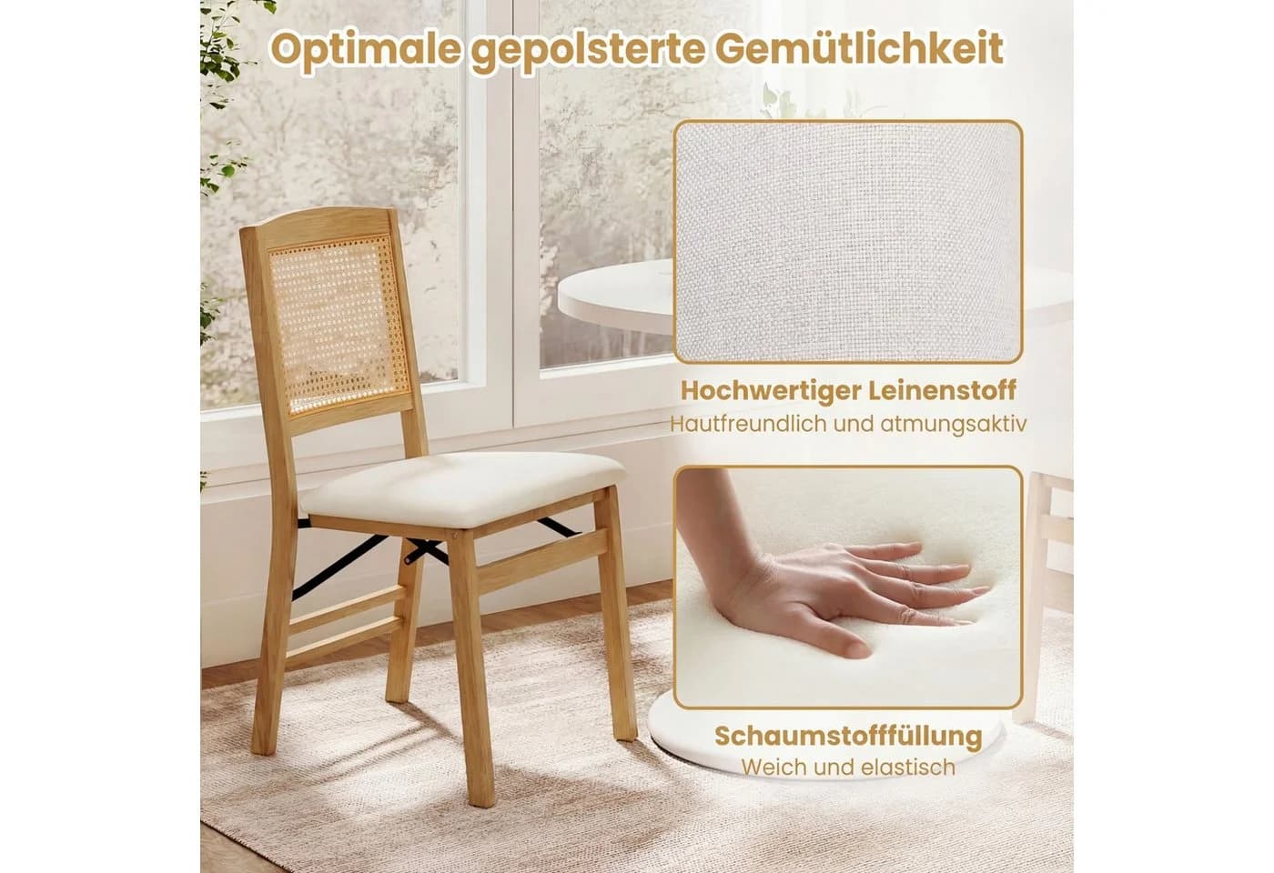 COSTWAY Esszimmerstuhl 2er Set Klappbar Gummibaumholz Rattan Leinen Beige - Bild 4