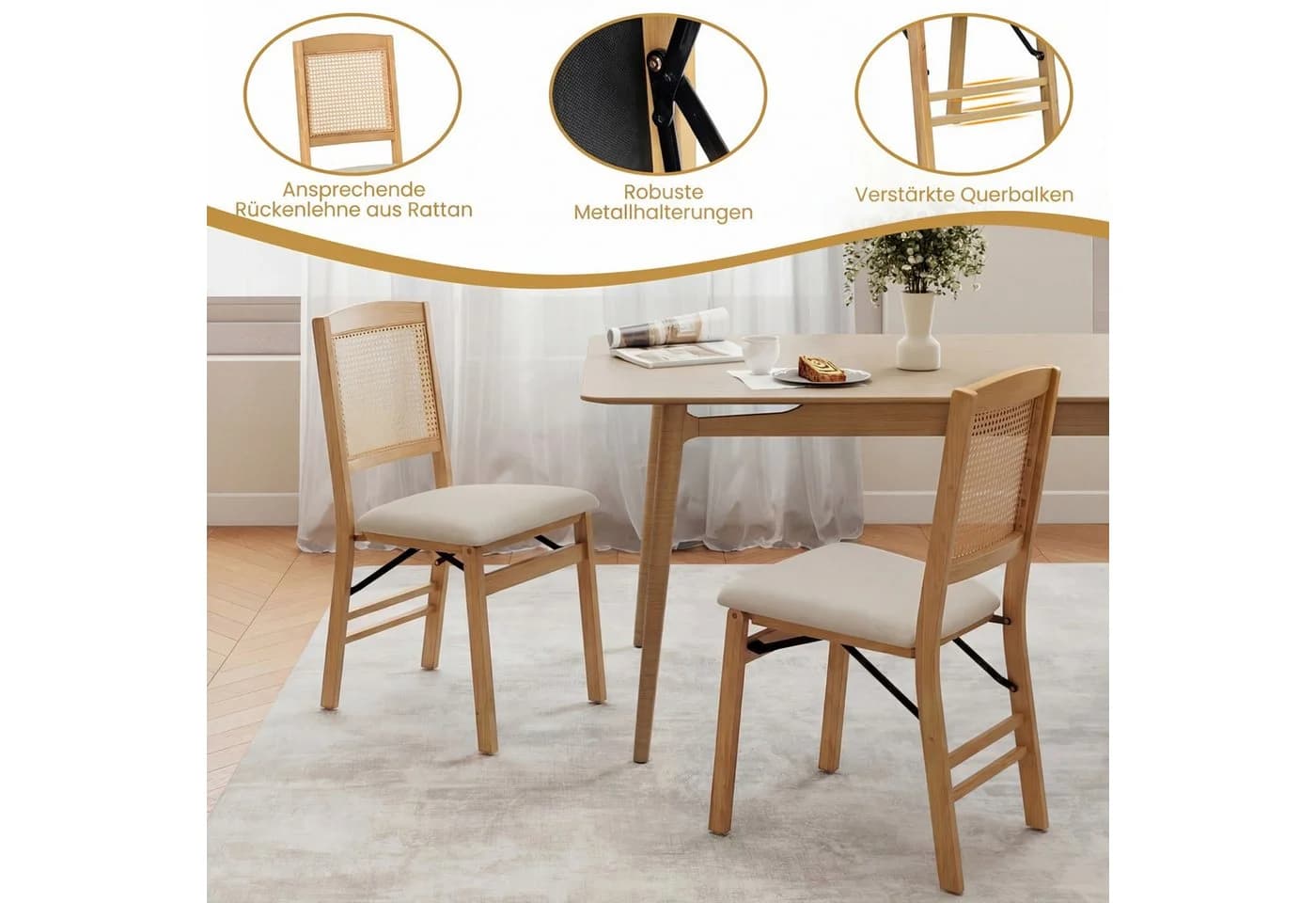 COSTWAY Esszimmerstuhl 2er Set Klappbar Gummibaumholz Rattan Leinen Beige - Bild 5