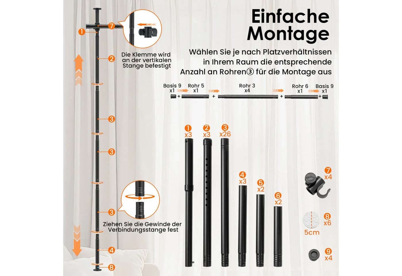COSTWAY Raumteiler Gardinenstange flexibel verstellbar Schwarz - Bild 4