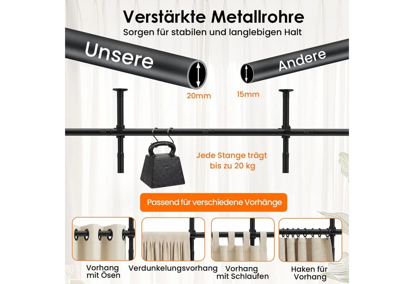 COSTWAY Raumteiler Gardinenstange flexibel verstellbar Schwarz - Bild 5