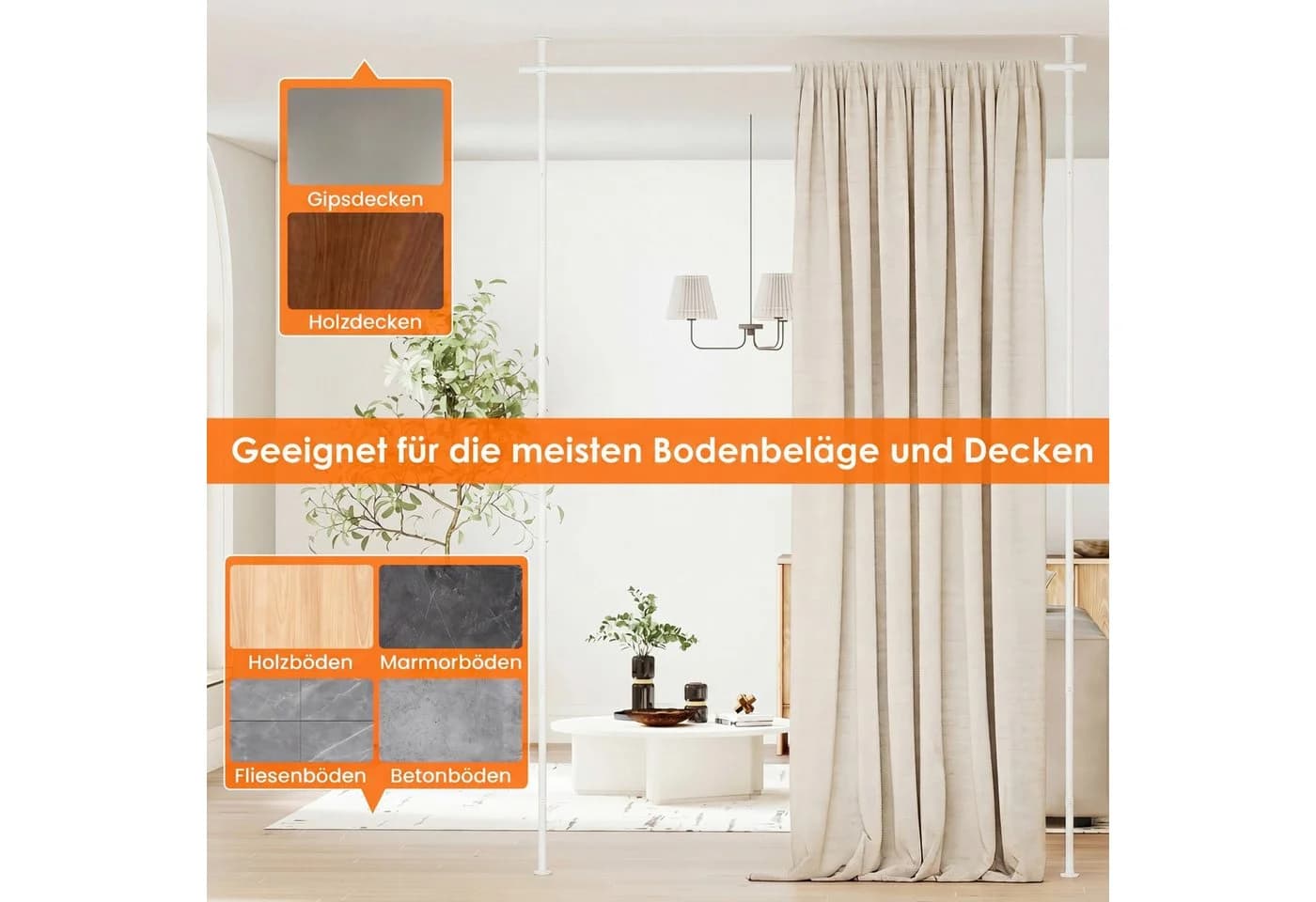 COSTWAY Raumteiler Gardinenstange flexibel verstellbar Schwarz/Weiß - Bild 3