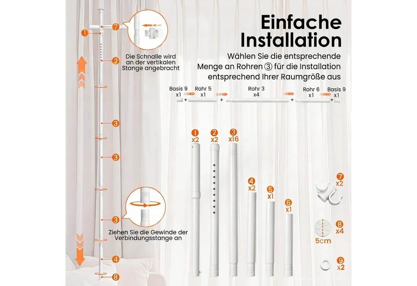COSTWAY Raumteiler Gardinenstange flexibel verstellbar Schwarz/Weiß - Bild 4