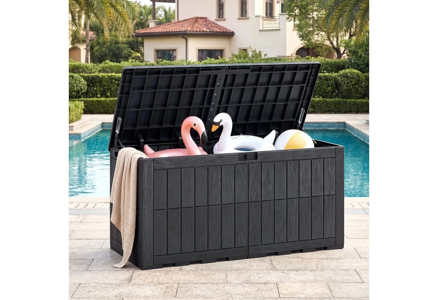 COSTWAY Auflagenbox Gartenbox Schwarz Wasserdicht Mit Abschließbarem Deckel