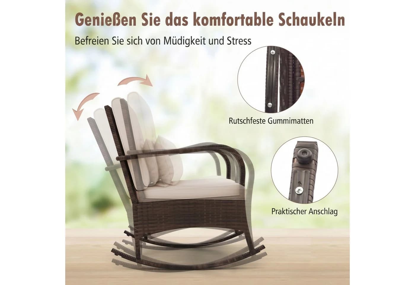 COSTWAY Schaukelstuhl 2er Set mit Couchtisch Braun PE-Rattan