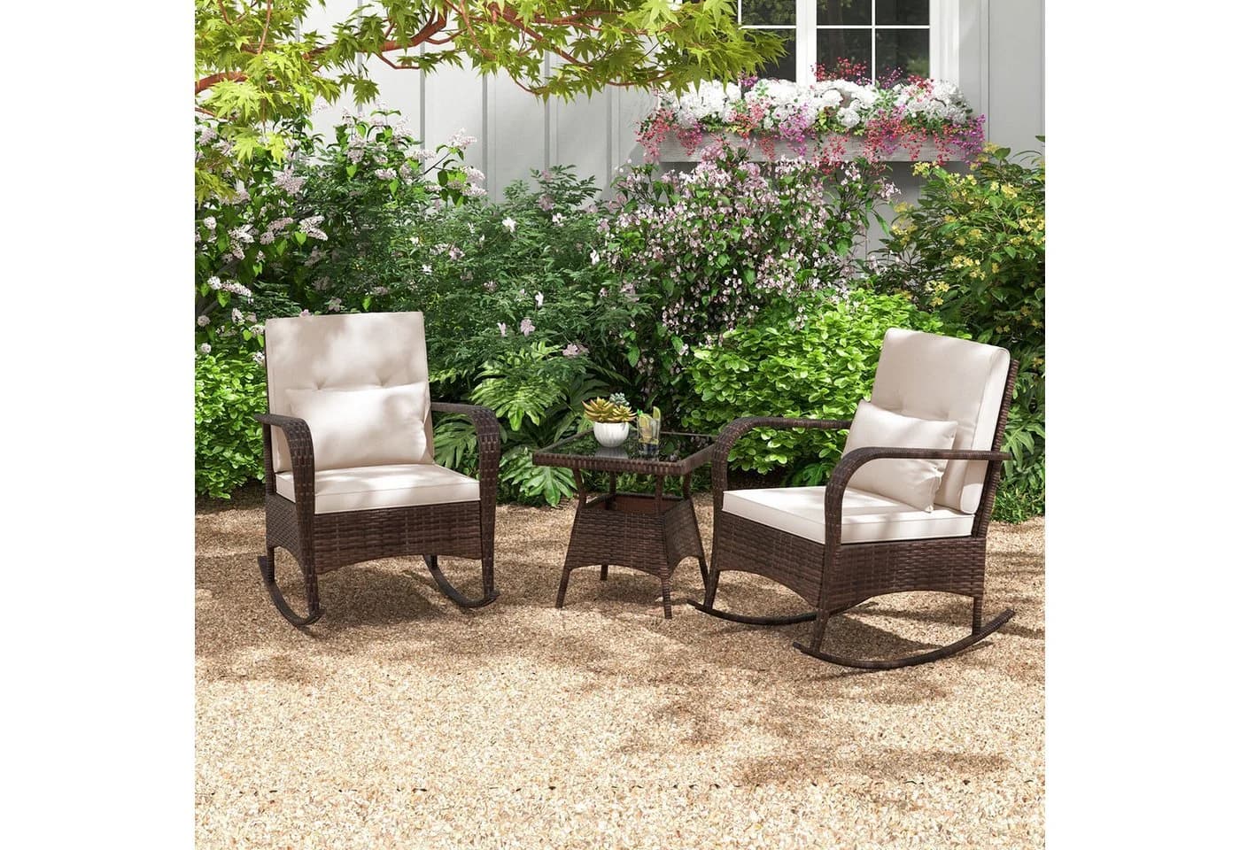 COSTWAY Schaukelstuhl 2er Set mit Couchtisch Braun PE-Rattan - Bild 2