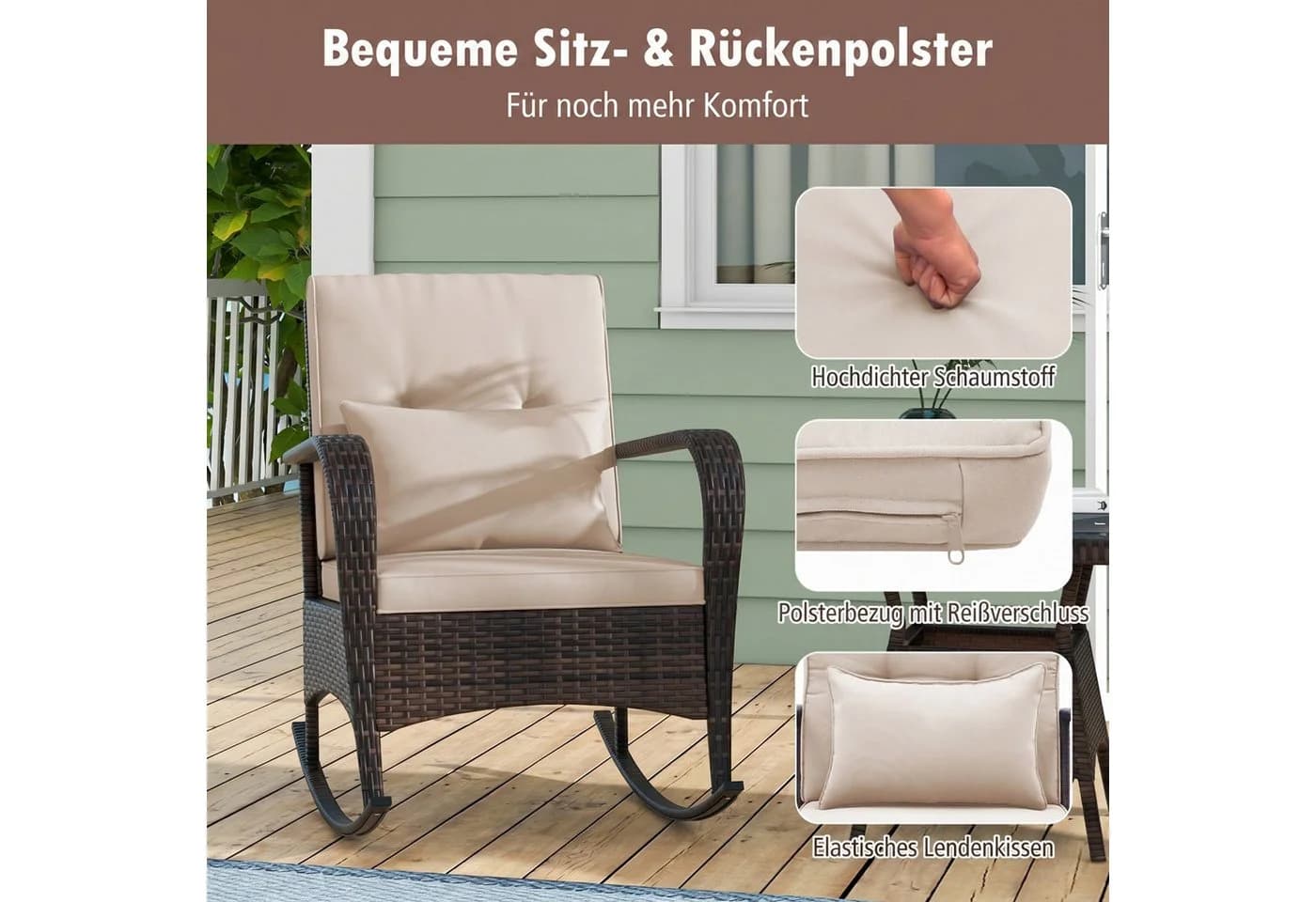 COSTWAY Schaukelstuhl 2er Set mit Couchtisch Braun PE-Rattan - Bild 3