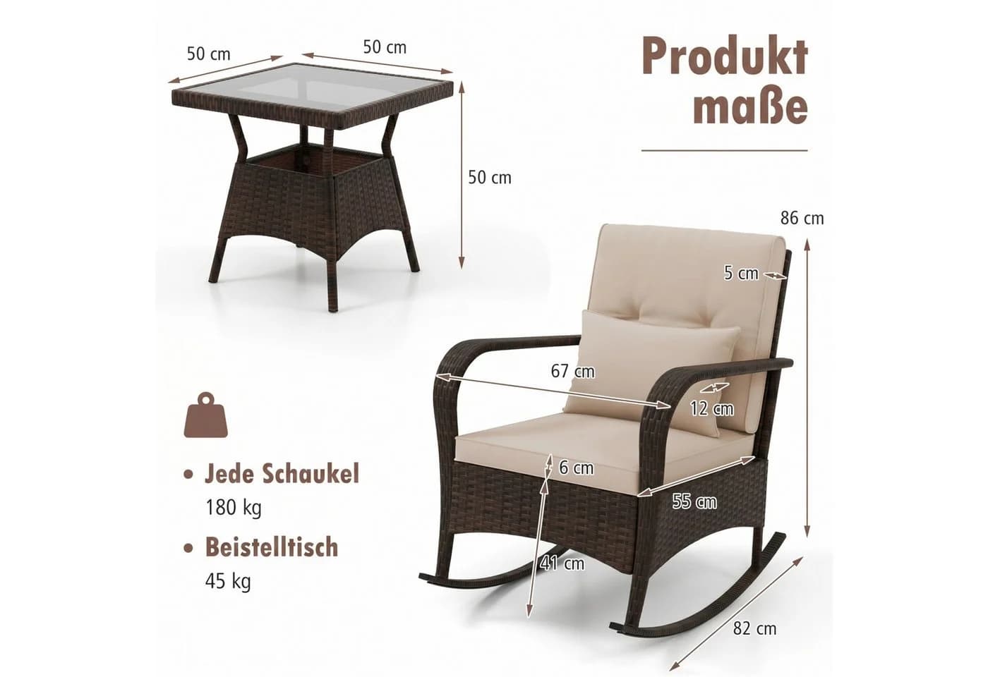 COSTWAY Schaukelstuhl 2er Set mit Couchtisch Braun PE-Rattan - Bild 5