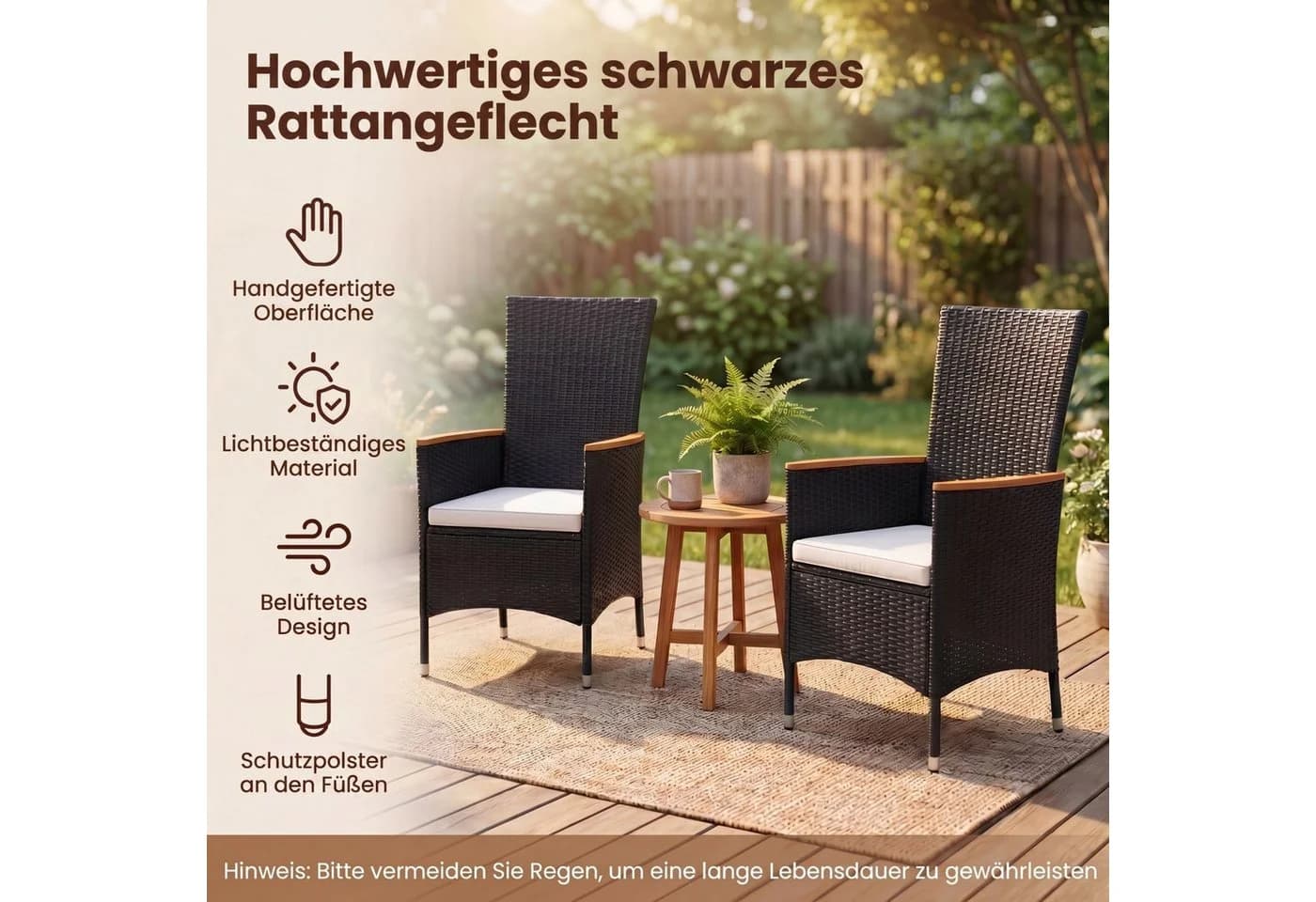 KOMFOTTEU Rattanstuhl mit Armlehnen Schwarz PE-Rattan Akazienholz - Bild 3