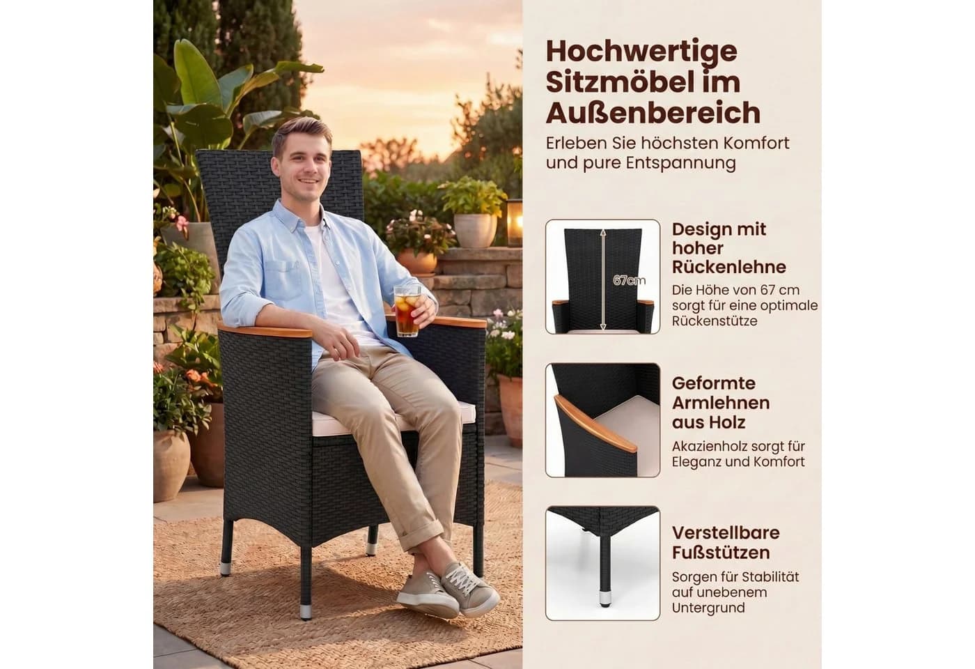 KOMFOTTEU Rattanstuhl mit Armlehnen Schwarz PE-Rattan Akazienholz - Bild 5