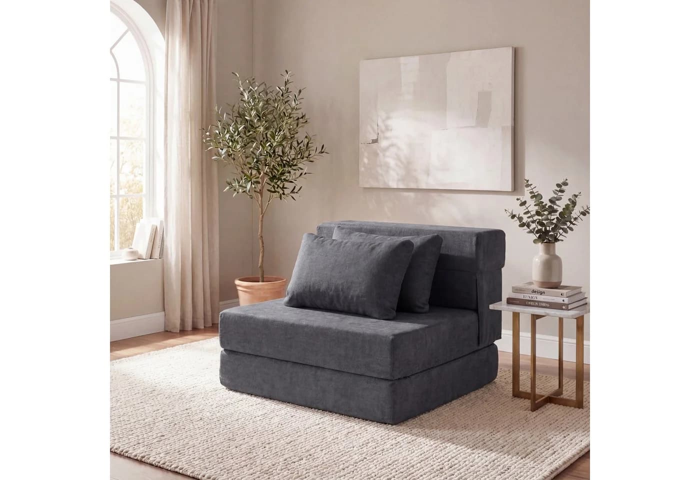 KOMFOTTEU Schlafsofa 3-in-1 Bodensofa Chenille Grau/Beige