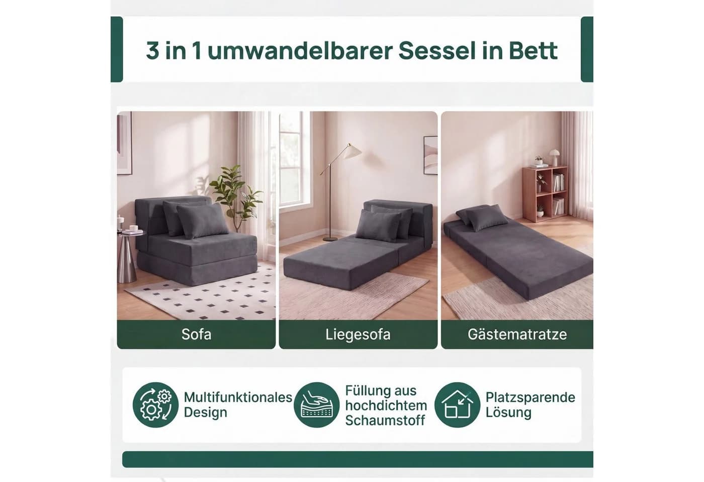 KOMFOTTEU Schlafsofa 3-in-1 Bodensofa Chenille Grau/Beige - Bild 3